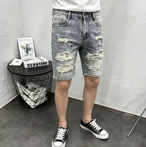 Men distressed denim shorts summer washed ripped fashion casual five-point jeans pants