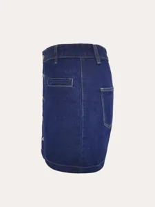 Damen dunkelblaue Jeansrock mit Knöpfen und Taschen, modischer lässiger Sommer-Minirock.