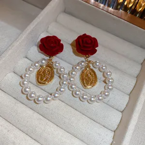 Vintage red velvet rose pearl hoop earrings with gold coin pendant, elegant chic jewelry.