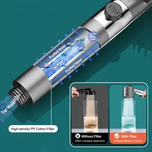 Soffione doccia ad alta pressione con cartuccia filtrante e tasto pausa per bagno.