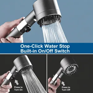 Handheld high pressure shower head with pause button, gray finish, water saving nozzle.