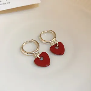 Retro style Ancora red heart earrings, glossy finish silver tone small hoop earrings for women.