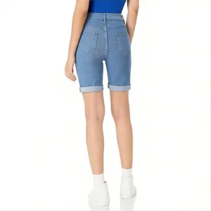 Shorts Biker Denim Slim Vita Alta Donna Casual Elasticizzato Blu Risvolto Estate Moda