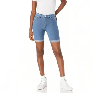 Pantaloncini da ciclismo in denim slim a vita alta rétro azzurro, elastici e alla moda.
