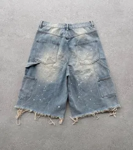 Short cargo en denim vintage déchiré pour homme, streetwear ample éclaboussures de peinture