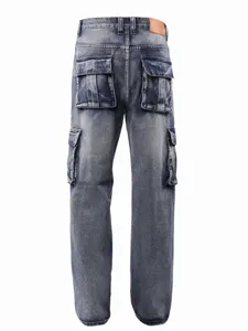 Men's blue washed cargo jeans loose fit wide leg hip hop skateboard denim trousers