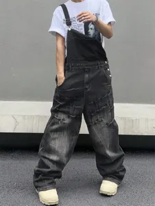 Men loose wide leg denim overalls vintage washed streetwear casual bib pants for stylish daily wear.