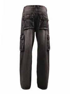 Back detail of dark grey washed cargo jeans, showing utility pockets and loose fit.