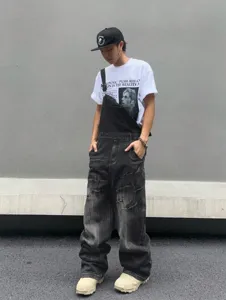 Men distressed denim overalls baggy streetwear casual loose fitting hip hop jumpsuit pants