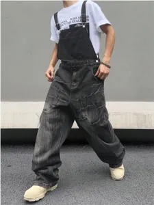 Men's Casual Cotton Denim Overalls Loose Fit High Waist Straight Leg Jumpsuit Streetwear Distressed Washed Retro