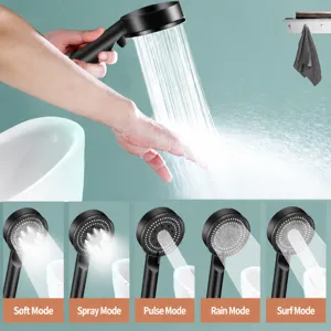 Handdusche mit Druckverstärkung in Mattschwarz und fünf einstellbaren Wasserstrahlmodi.