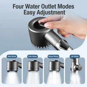 High pressure handheld shower head with four spray modes and massage brush for home bathroom use.