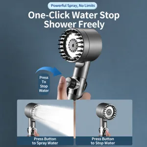 Handheld pressurized shower head with one-button water stop, durable bathroom spray nozzle.