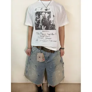 Shorts en jean homme streetwear été t-shirt vintage tenue décontractée coupe ample droite