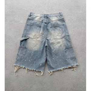 Short en denim homme loose straight streetwear dechire eclaboussures ete 5-pocket