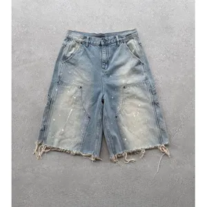 Short en denim ample droit homme streetwear eclaboussure de peinture effoche ete casual