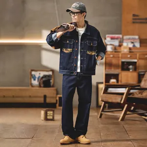 Retro Patchwork Jeansjacke und lose gerade Jeans Anzug für Herren, Herbst Winter Kleidung.