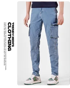 Men's light blue cargo denim jeans with multiple pockets casual tactical trousers streetwear.
