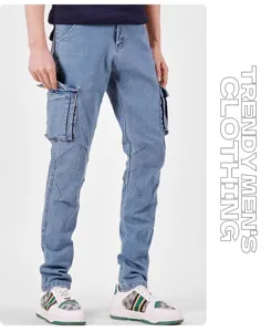Men's blue multi-pocket cargo jeans, stretchy casual denim pants for daily wear and outdoor style.