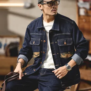 Herren Vintage Jeansjacke und lose gerade Hose Camo Patchwork Streetwear Outfit Hauptbild