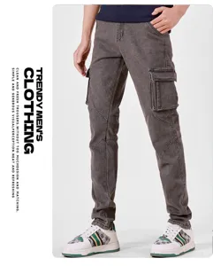 Men's tactical cargo denim jeans dark grey stretch casual multi-pocket straight trousers