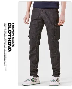 Detailed view of men's stretch cargo jeans in dark grey, featuring multiple side utility pockets.