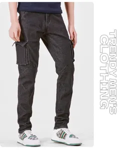 Men's black cargo denim jeans with multiple pockets, casual slim fit street style trousers.