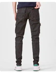 Men's black denim cargo pants with multiple pockets, slim fit casual trousers for daily wear