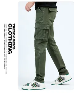 Men's green cargo jeans with multi-pockets, stylish streetwear denim trousers for daily wear.