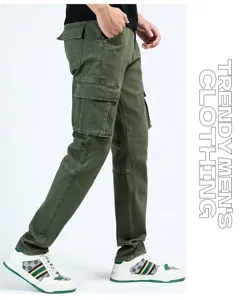 Detail view of men's green cargo jeans featuring multi pockets and stretch fabric fit.