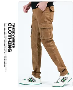 Men casual cargo pants multi-pocket brown trousers stylish slim fit daily wear outdoor