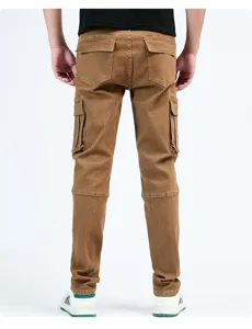 Men's brown cargo jeans detail back view multi-pocket casual denim trousers casual wear