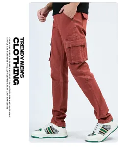 Men's casual stretch cargo trousers with multiple pockets, slim fit brick red cotton pants.
