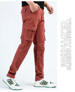 Men's cargo pants casual stretch denim multi-pocket trousers detailed side view display.