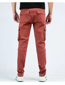 Men's stretch cargo denim jeans casual multi-pocket trousers back view detail design