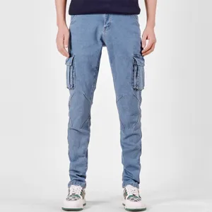 Men's blue stretch cargo jeans with multi-pockets, casual denim trousers for daily wear.