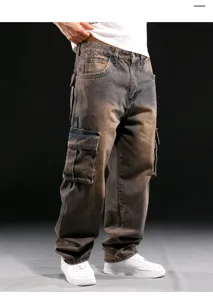 Men's distressed cargo jeans loose fit wide leg vintage denim trousers with utility pockets.