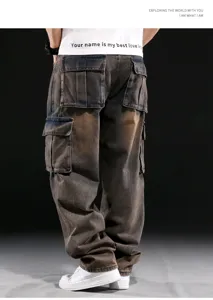 Mens vintage wash cargo jeans loose fit wide leg casual denim trousers street style
