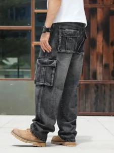 Men's vintage multi-pocket cargo denim jeans loose wide leg casual streetwear trousers