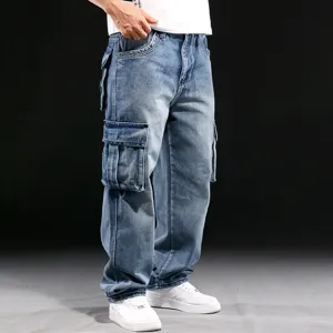 Mens cargo denim jeans loose fit wide leg casual streetwear trousers for daily wear