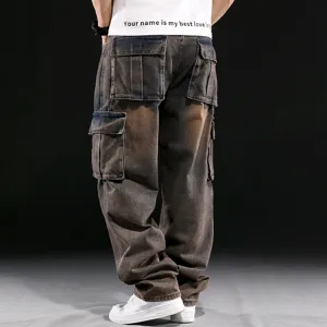 Men's loose multi-pocket cargo jeans, vintage washed dark denim wide-leg trousers for men.