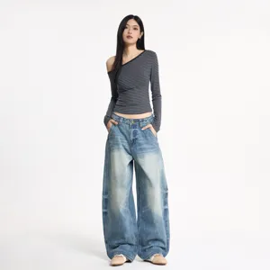 Jeans en denim distressed ample et incurvé de style streetwear américain pour hommes