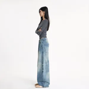 Jean baggy destroy style American high street cleanfit avec haut à rayures manches longues