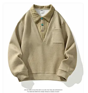 Men's casual waffle knit polo collar fake two piece sweatshirt with chest pocket khaki