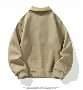 Detailed view of mens khaki knit polo sweatshirt showing ribbed texture and collar design.