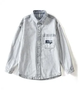 Camicia in denim lavato in stile vintage americano con colletto a quadri e ricamo