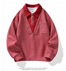 Men's red waffle-knit fake two-piece sweatshirt with lapel collar and chest pocket detail.