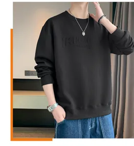 Herren schwarzes Fleece-Sweatshirt Detail, lässiger Winter Langarm Pullover top.