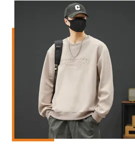 Herren Fleece Crewneck Sweatshirt Lässige Lose Streetwear Beige Winter Langarm Top Detail