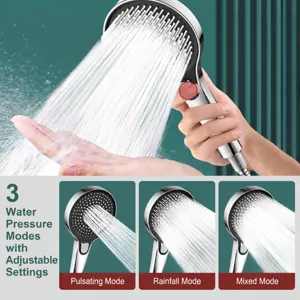 Handheld pressurized shower head with 3 spray modes and convenient button control for daily bath.
